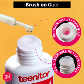 Teenitor brush applicator close-up demonstrating precise, mess-free nail glue application