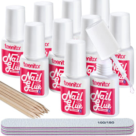Teenitor front packaging showing 10 pink glue bottles and included tools for strong hold
