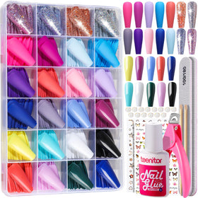 Teenitor front packaging showing organized 576-piece long coffin nail kit and case, perfect for home manicures