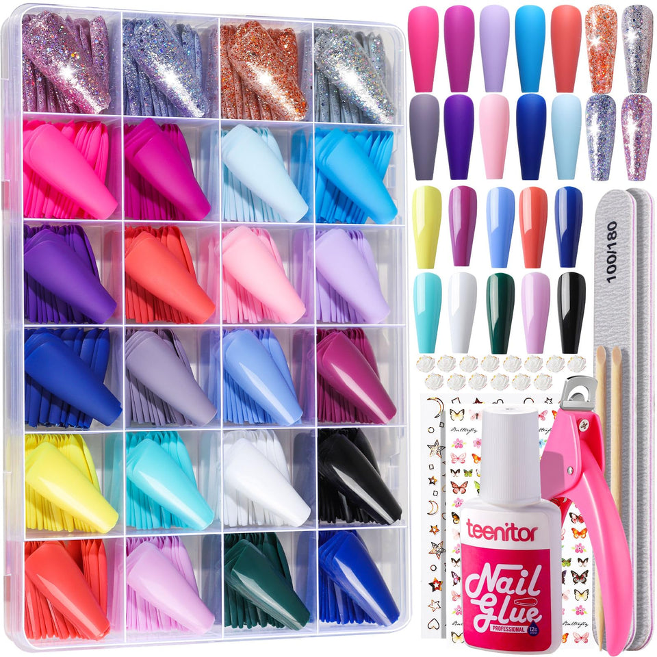 Teenitor front packaging showing organized 576-piece long coffin nail kit and case, perfect for home manicures