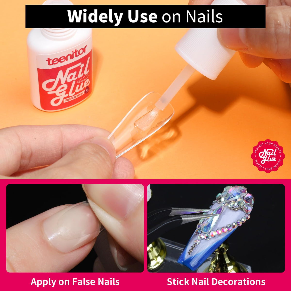 Teenitor glue being applied to a press-on nail for quick five-second bond and accurate placement