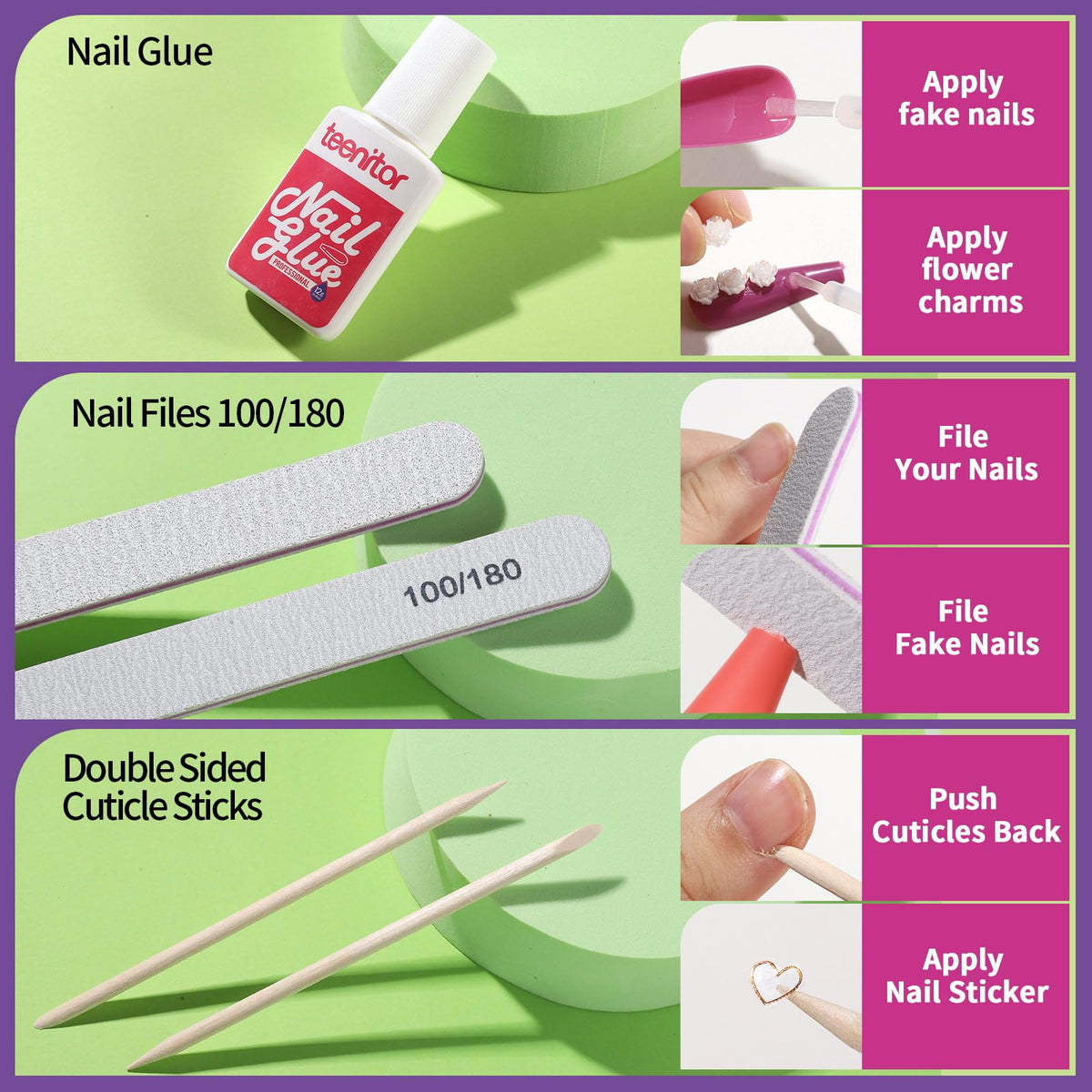 Teenitor bottle of brush-on glue, nail clipper, files and charms arranged to show included application tools