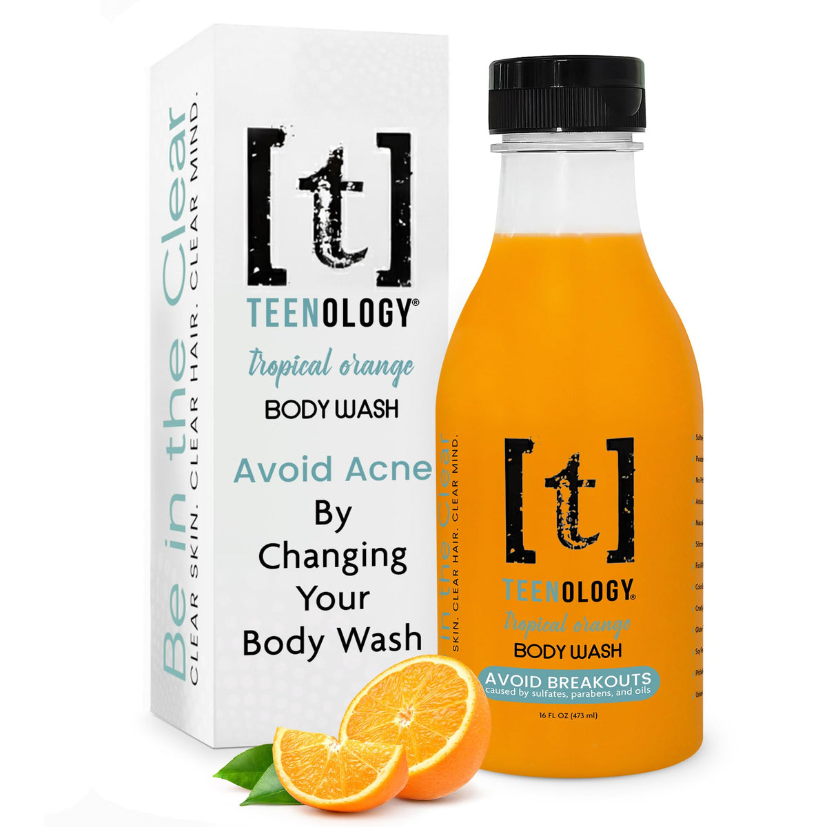 Teenology front packaging showing 16 oz bottle and tropical orange benefit