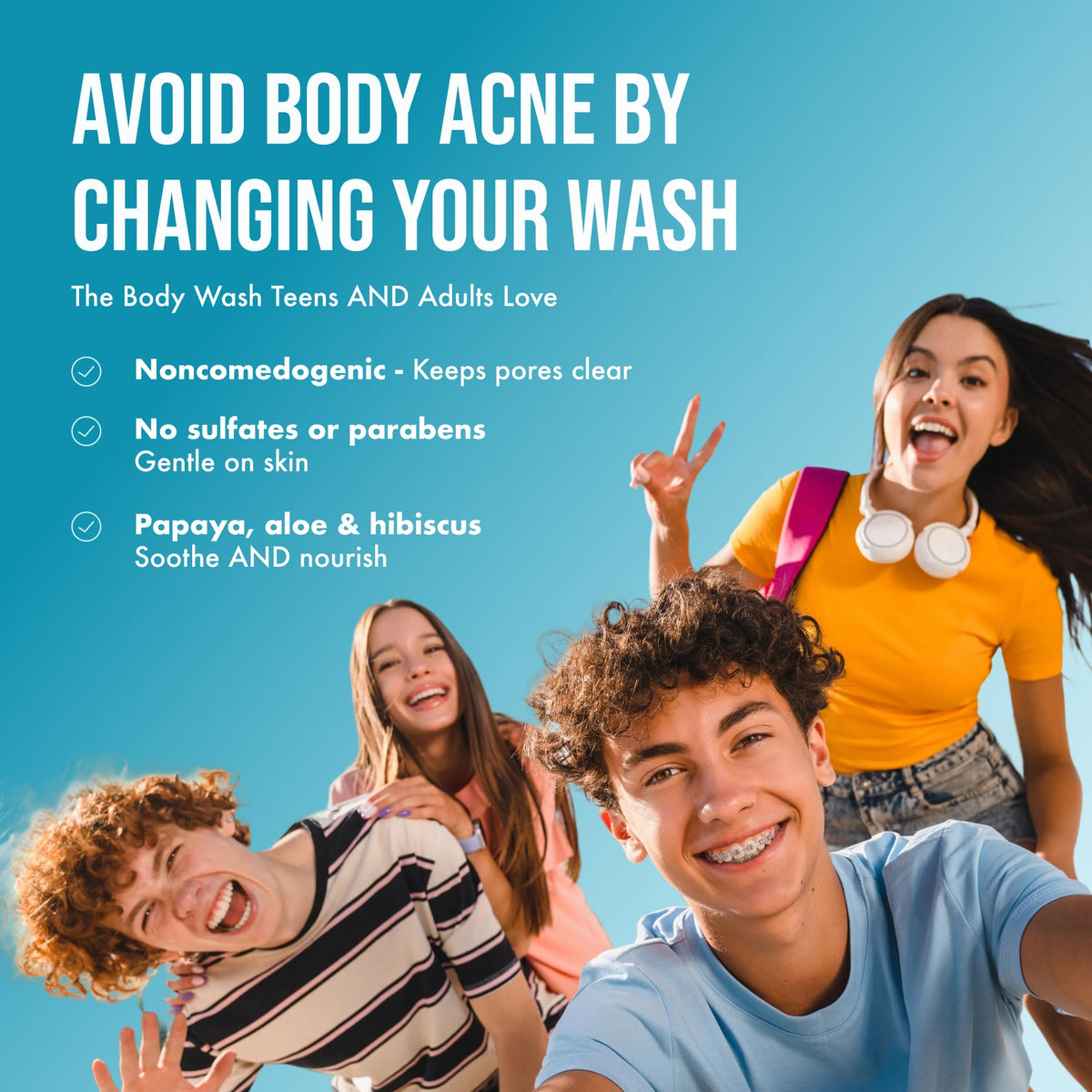Teenology label close-up showing non-comedogenic and sulfate-free benefit