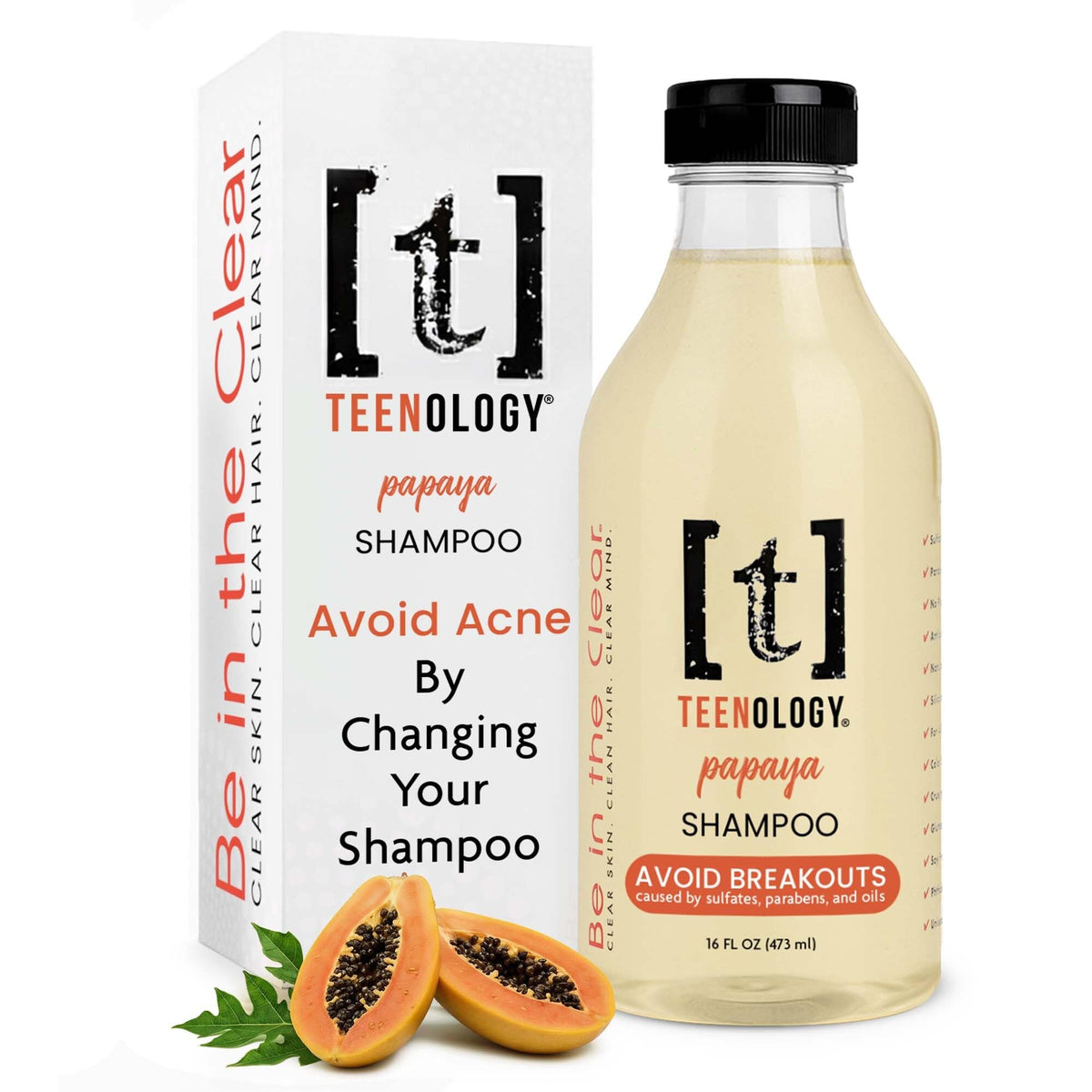 Teenology papaya front packaging showing bottle and branding for clear-skin haircare