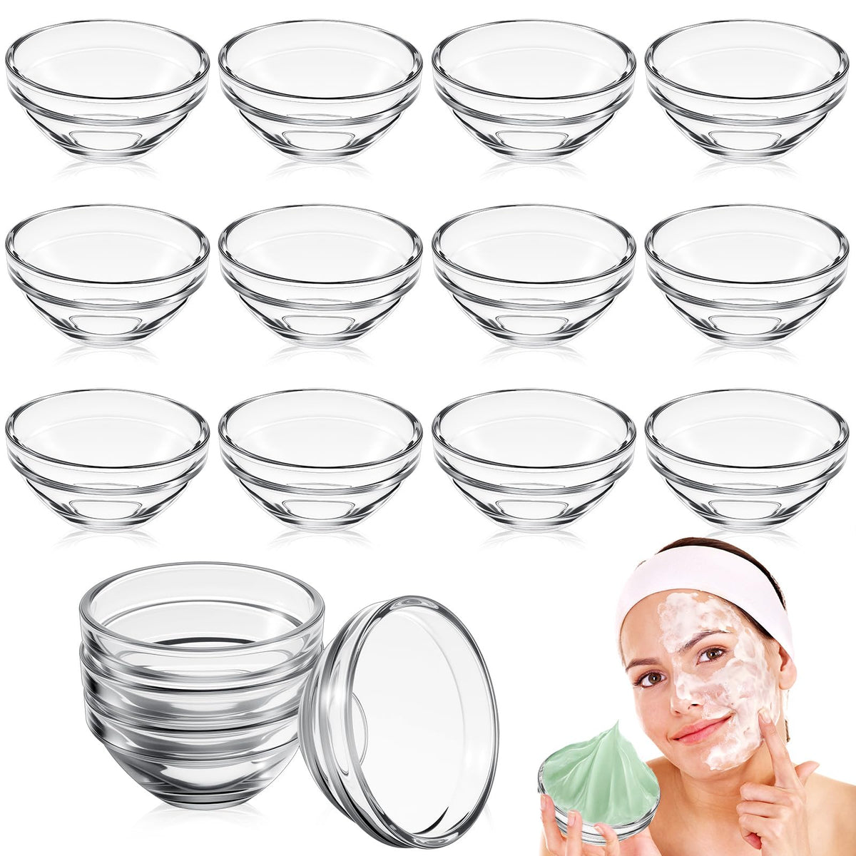 Teenyyou front view of 12 clear glass facial bowls showing neat set and stylish benefit