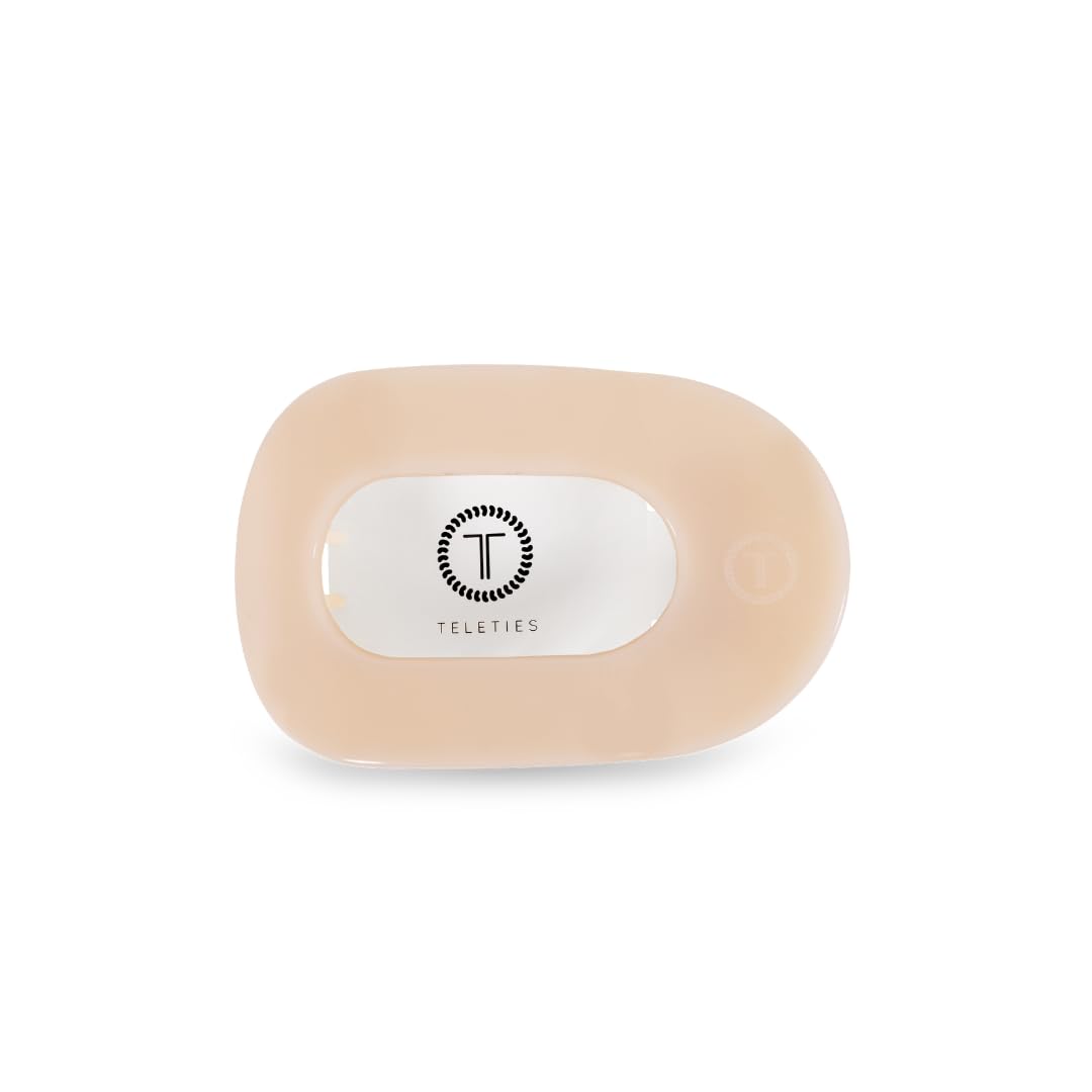 TELETIES flat round clip front view shows sleek almond beige and secure hold