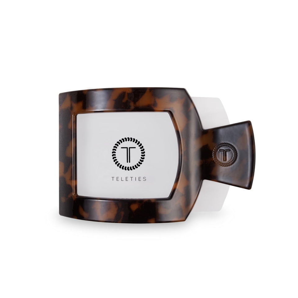 Teleties large flat square clip front view showing tortoise finish and comfortable hold