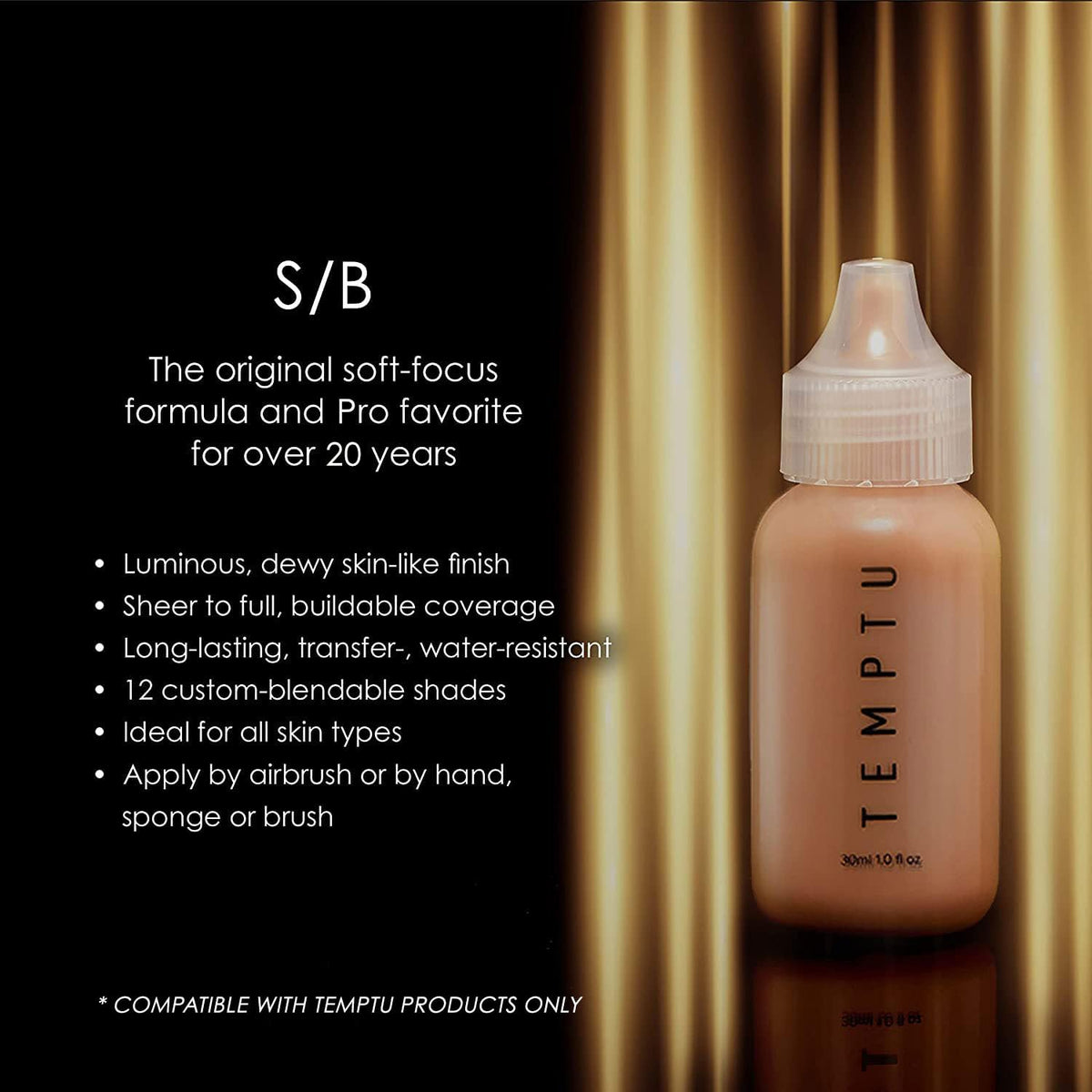 TEMPTU foundation bottle close-up showing smooth silicone texture for seamless blending