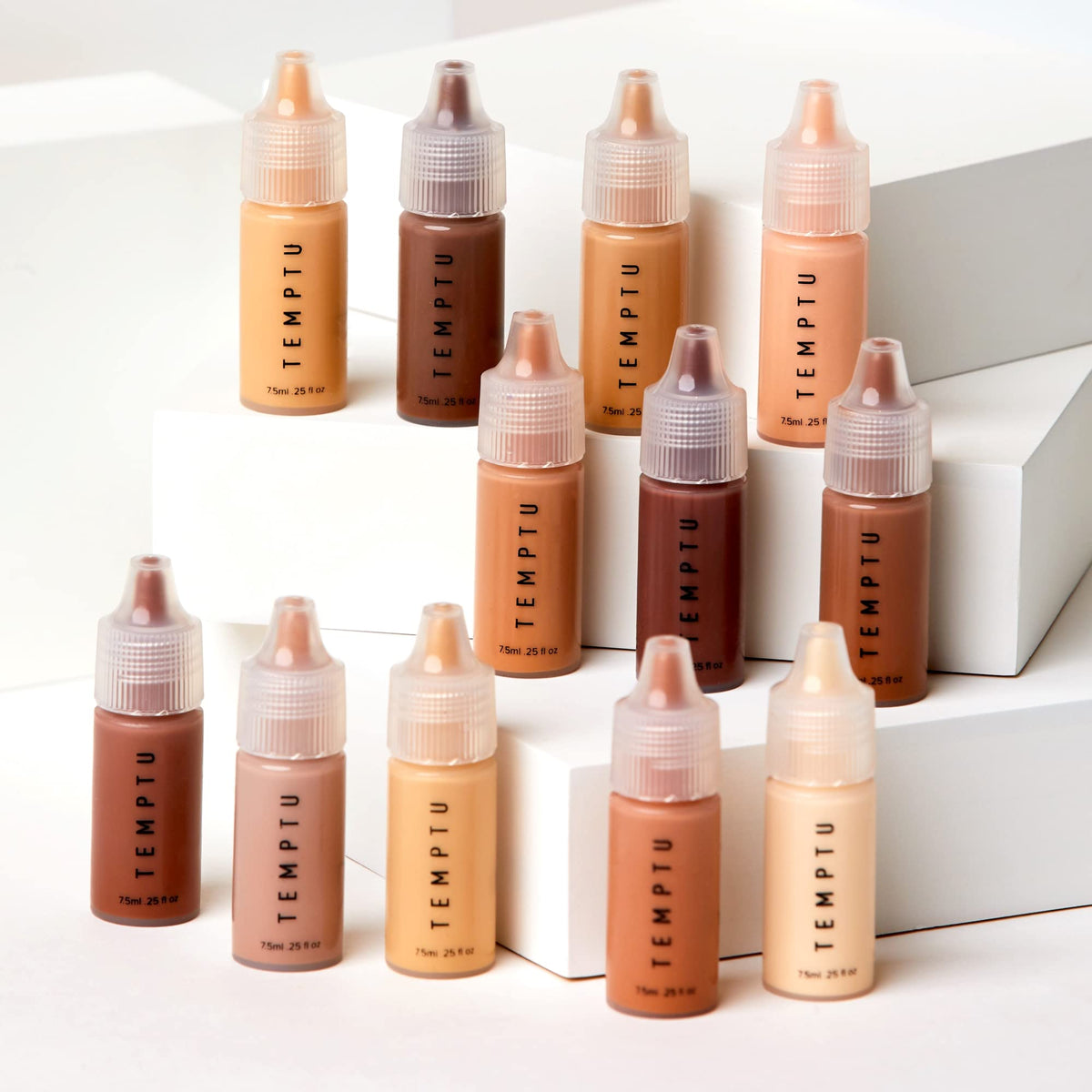 TEMPTU shades arranged side-by-side for quick color-matching and contouring reference