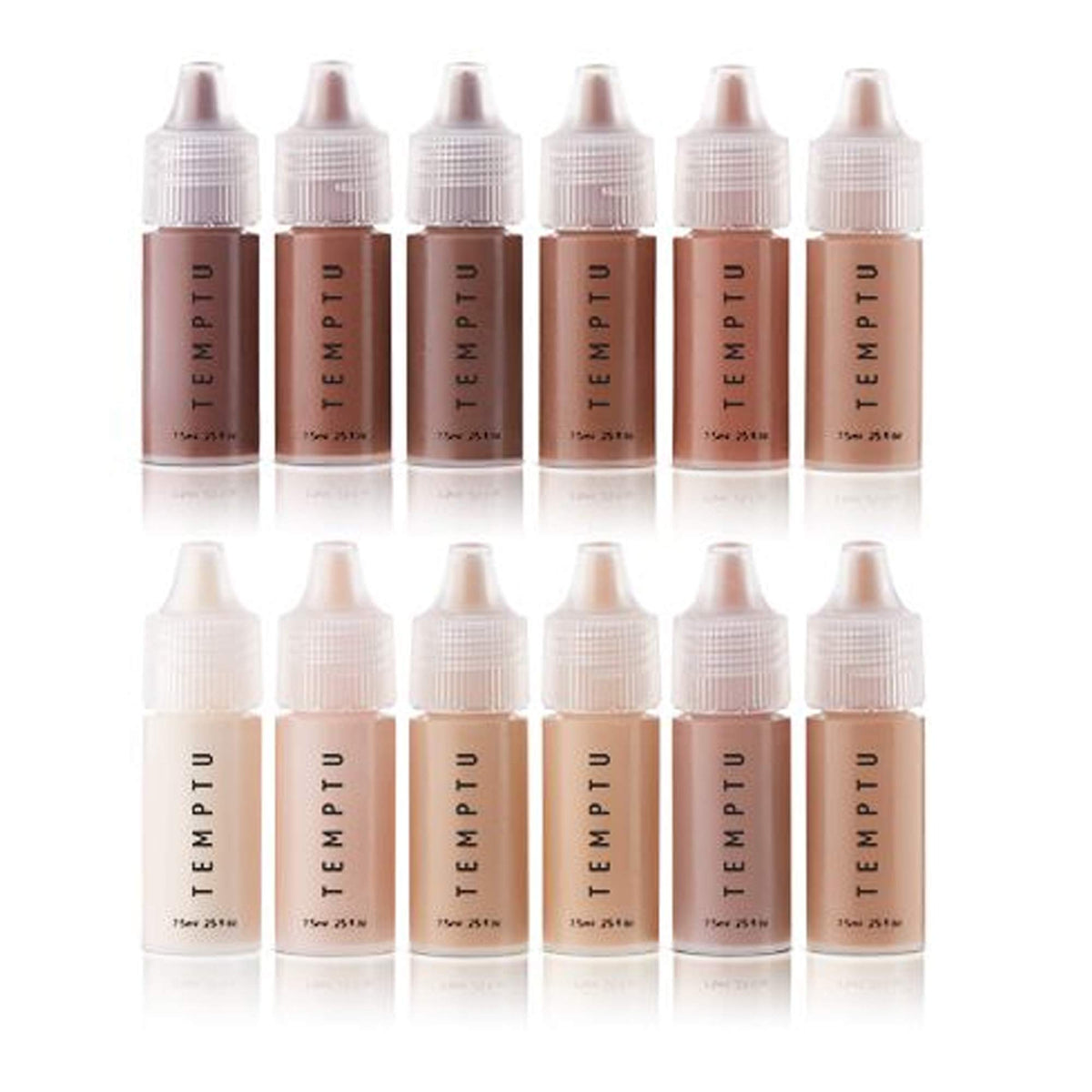 TEMPTU starter set front packaging showing 12 foundation bottles and case for easy selection