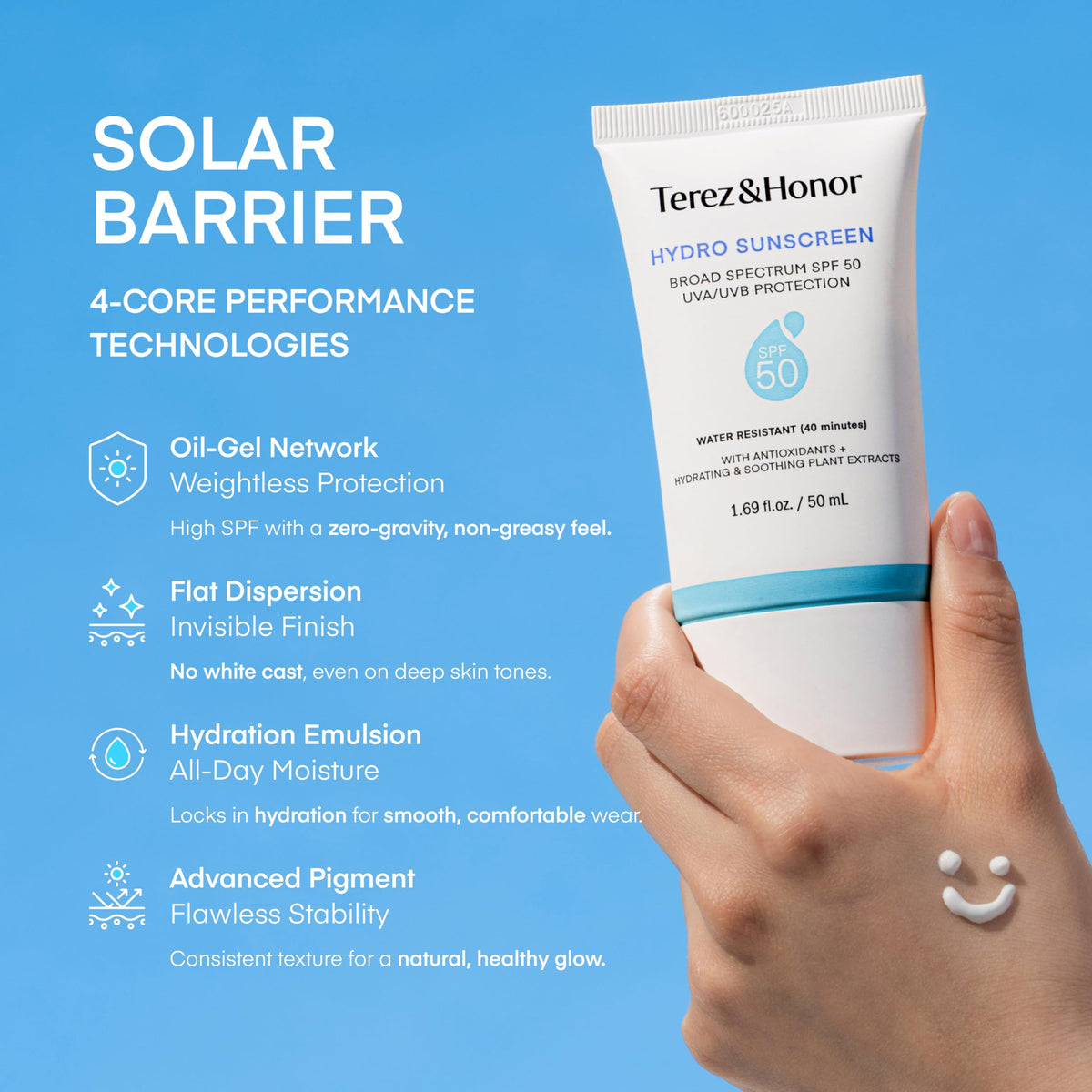 Terez & Honor applied on hand demonstrating quick absorption and no white cast