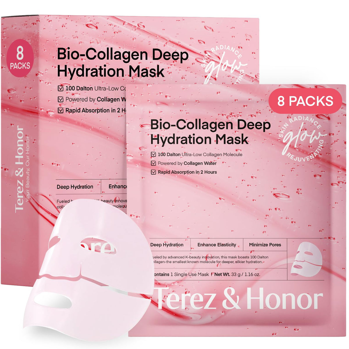TEREZ & HONOR front packaging showing eight hydrogel masks and benefits