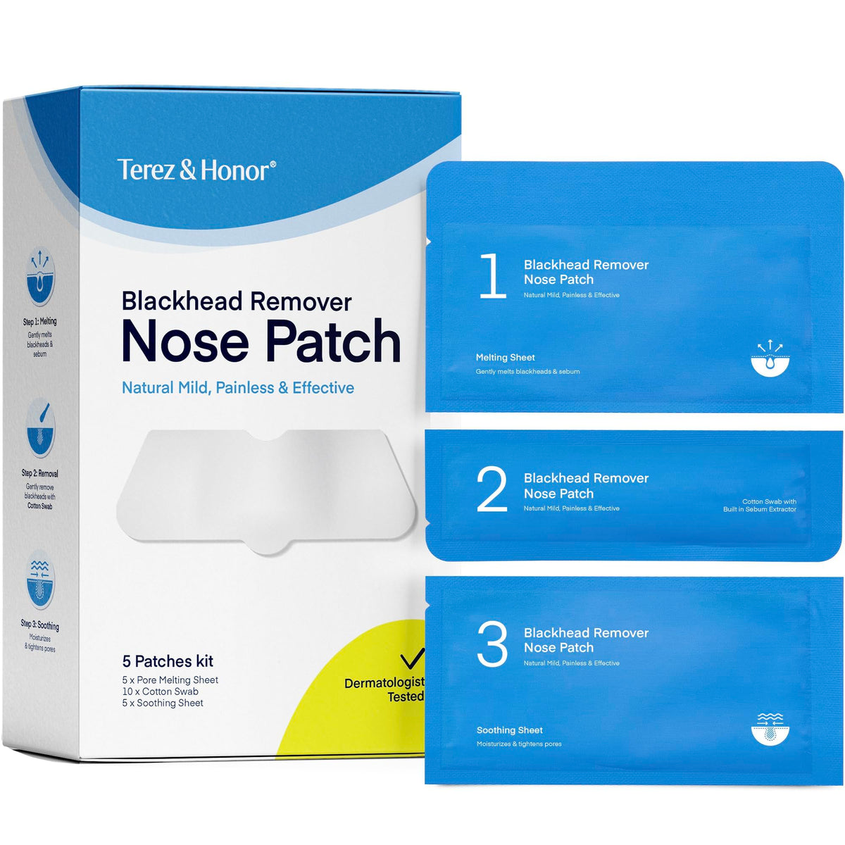 TEREZ & HONOR front packaging showing 5-piece nose patch kit and benefits