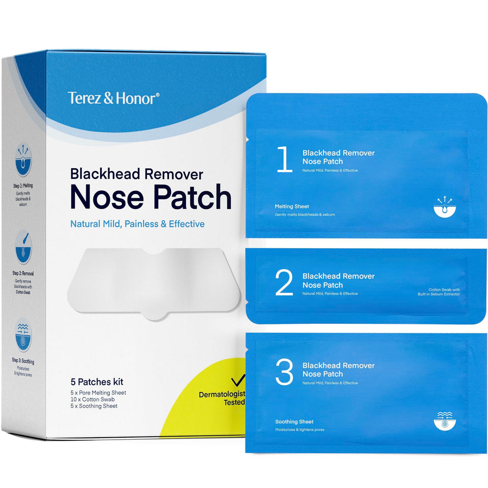 TEREZ & HONOR front packaging showing 5-piece nose patch kit and benefits