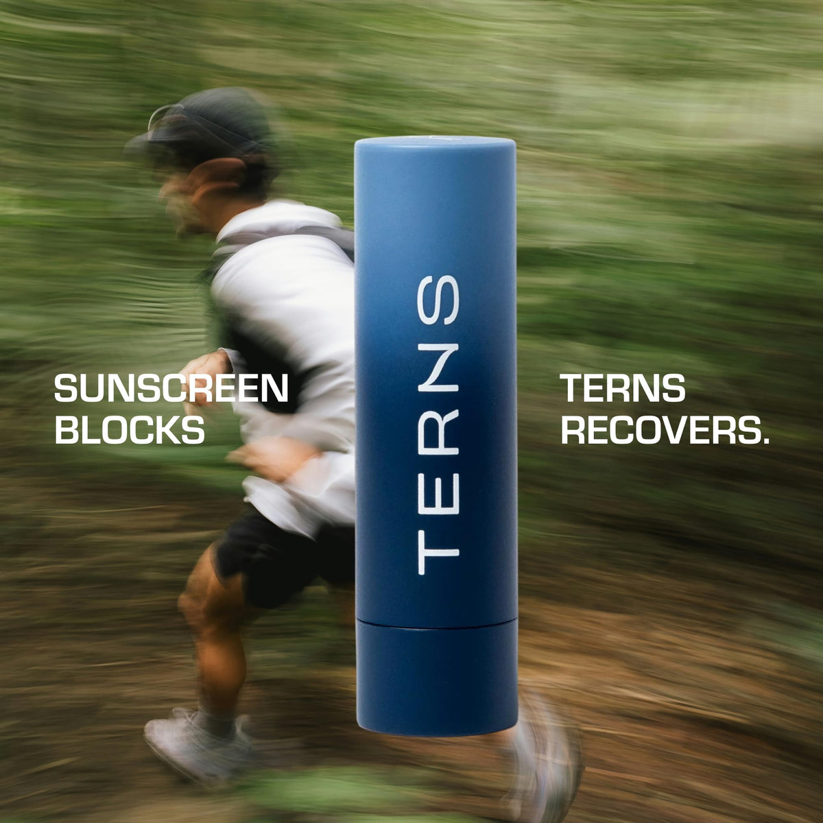 TERNS lip balm resting on a sandy towel illustrating after-sun recovery and outdoor protection benefit