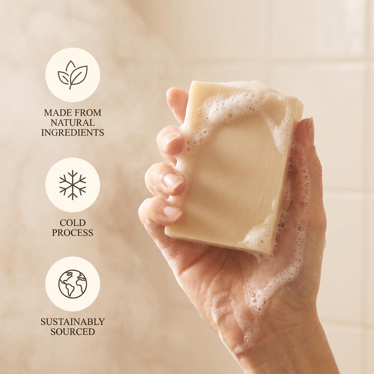 Terra Lotus soap on bathroom shelf styled in lifestyle setting showing natural, elegant routine benefit