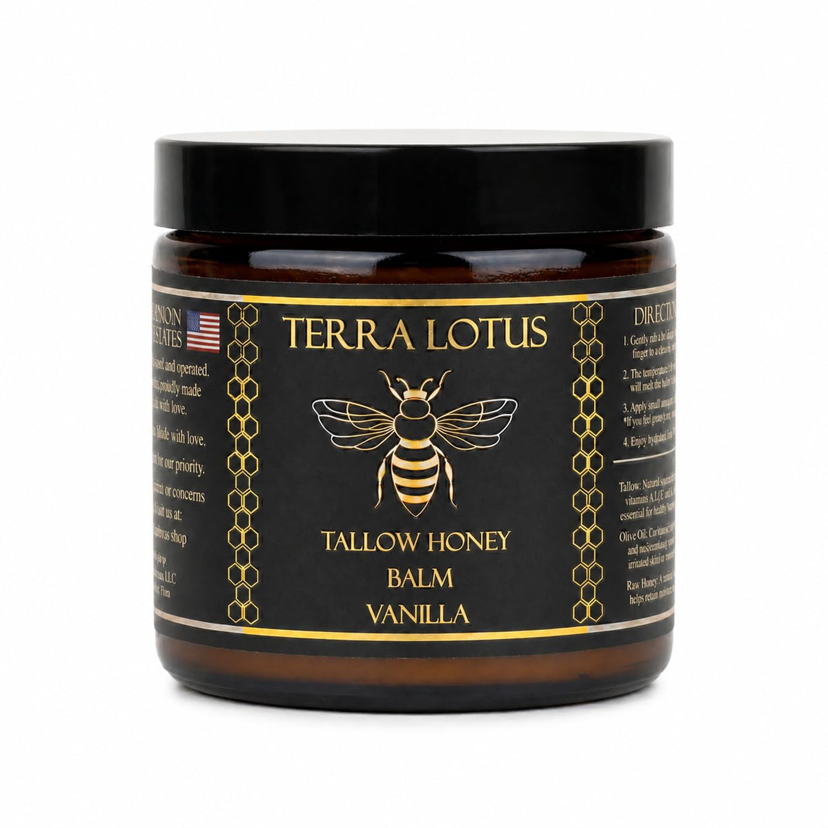 Terra Lotus front jar showing vanilla honey balm and clean packaging benefit moisturizes