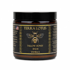Terra Lotus front jar showing vanilla honey balm and clean packaging benefit moisturizes