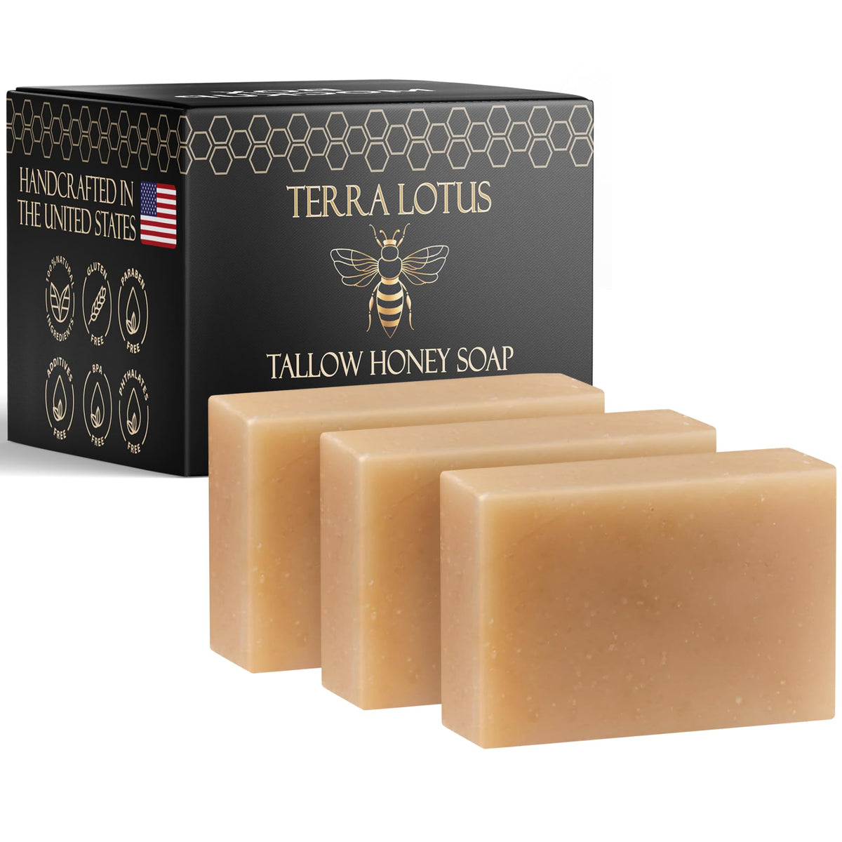 Terra Lotus front packaging showing three unscented bars and clean design benefit clarity