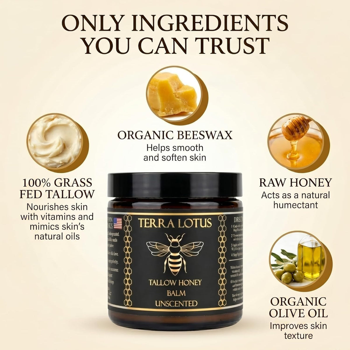 Terra Lotus ingredients display with olive oil, raw honey, and tallow benefit