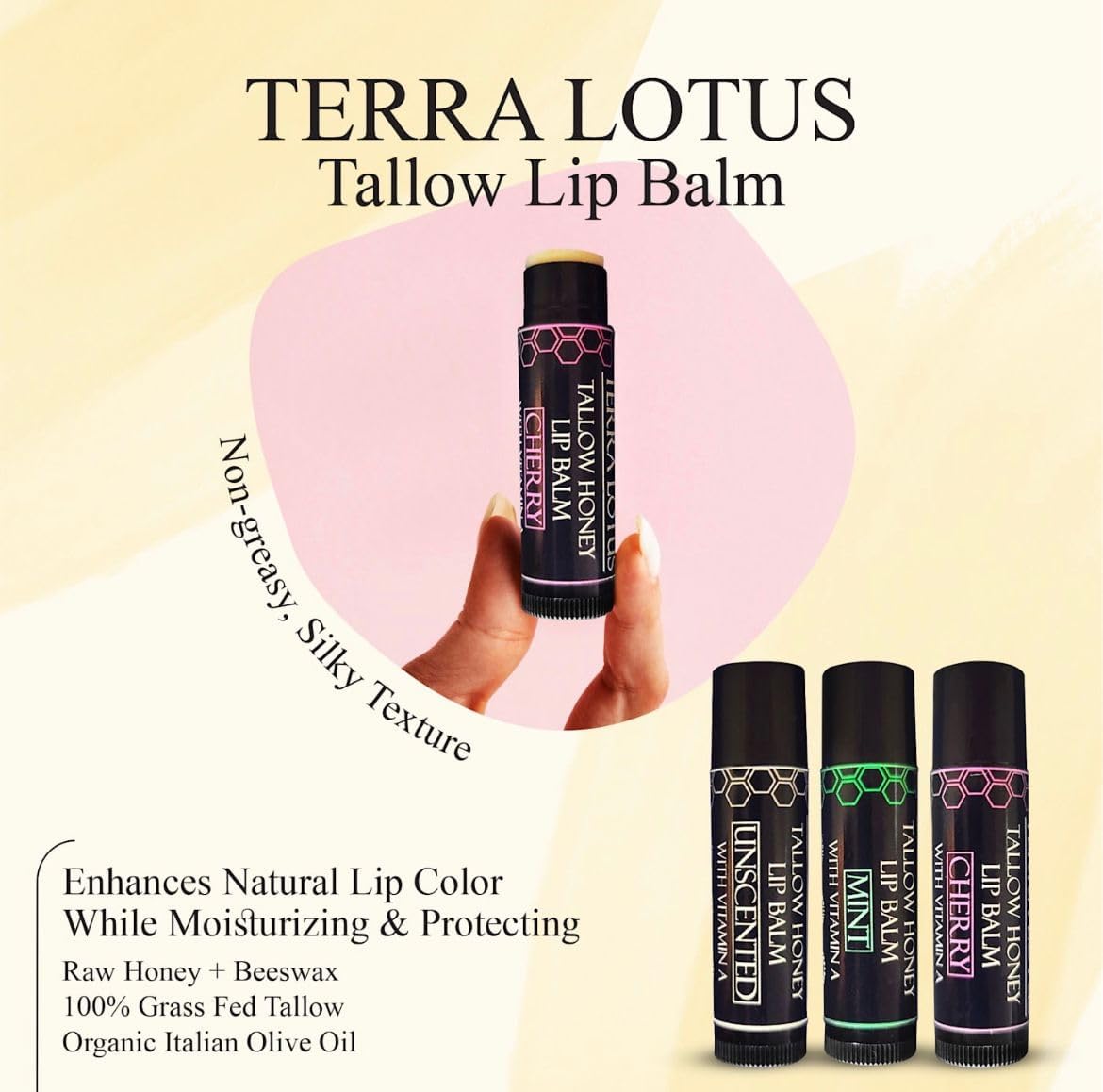 Terra Lotus ingredient label with olive oil and beeswax highlighting natural sourcing