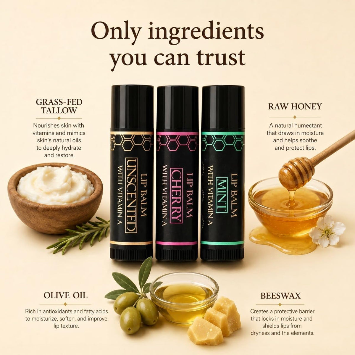 Terra Lotus label ingredients list showing olive oil, tallow, beeswax benefits