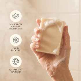 Terra Lotus soap on bathroom shelf in lifestyle setting showing calm ritual
