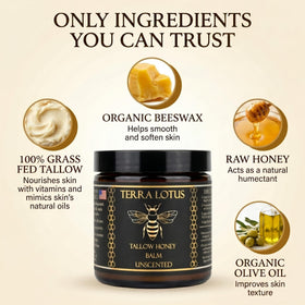 Terra Lotus spoon lifting raw honey and tallow to show natural ingredients benefit