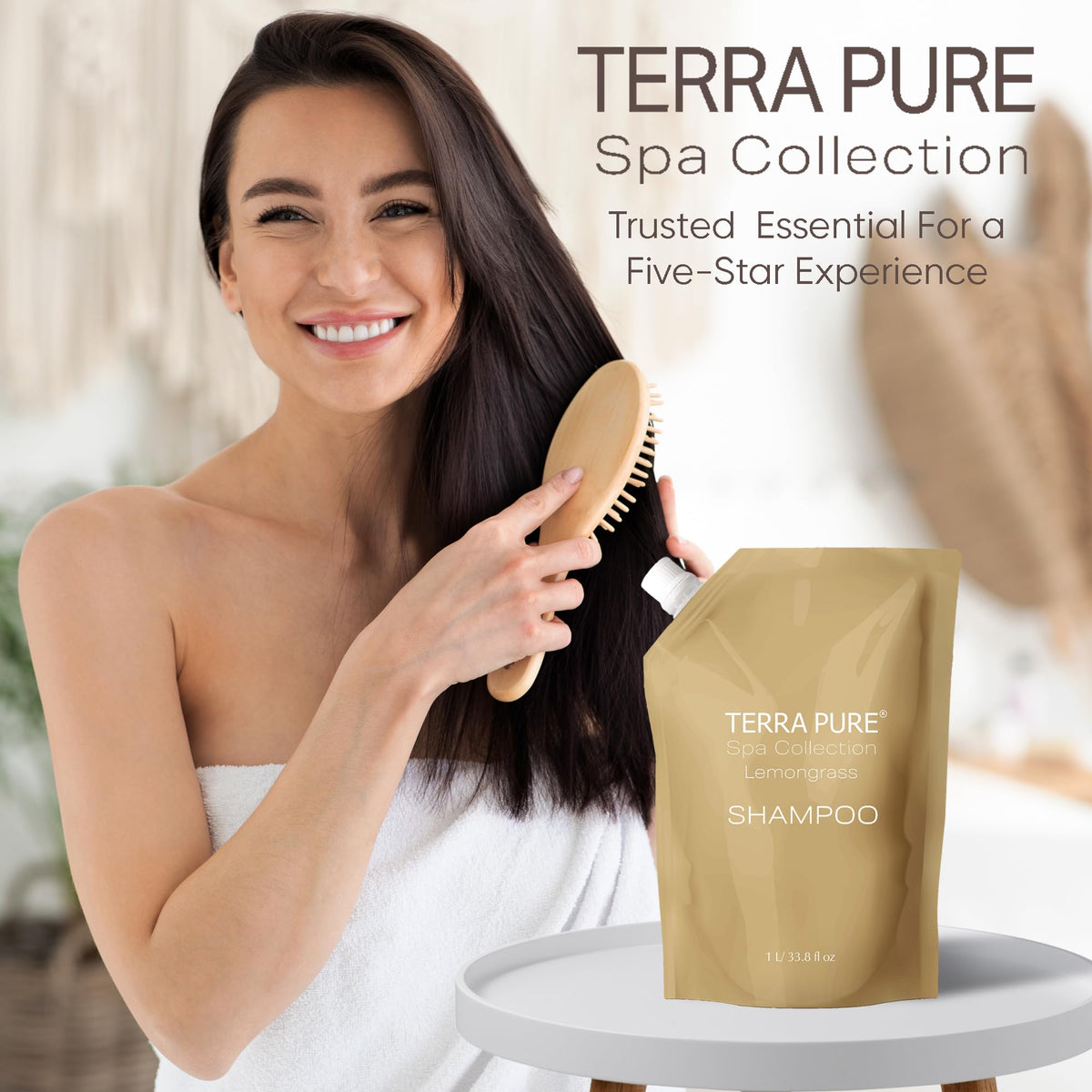 Terra Pure in shower scene showing guest-friendly spa ambiance