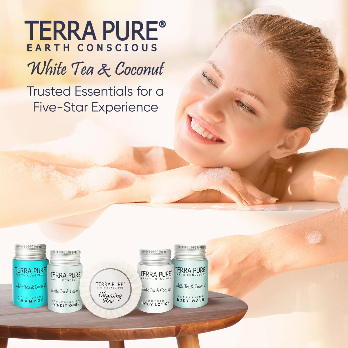 Terra Pure set on a bathroom shelf showing upscale look for guest rooms