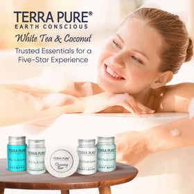 Terra Pure set on a bathroom shelf showing upscale look for guest rooms