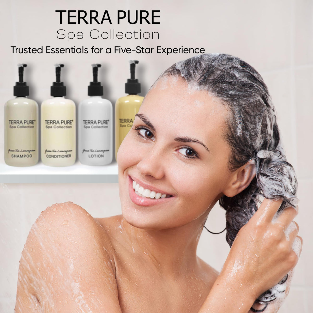 Terra Pure set styled in bathroom conveying spa-like guest experience