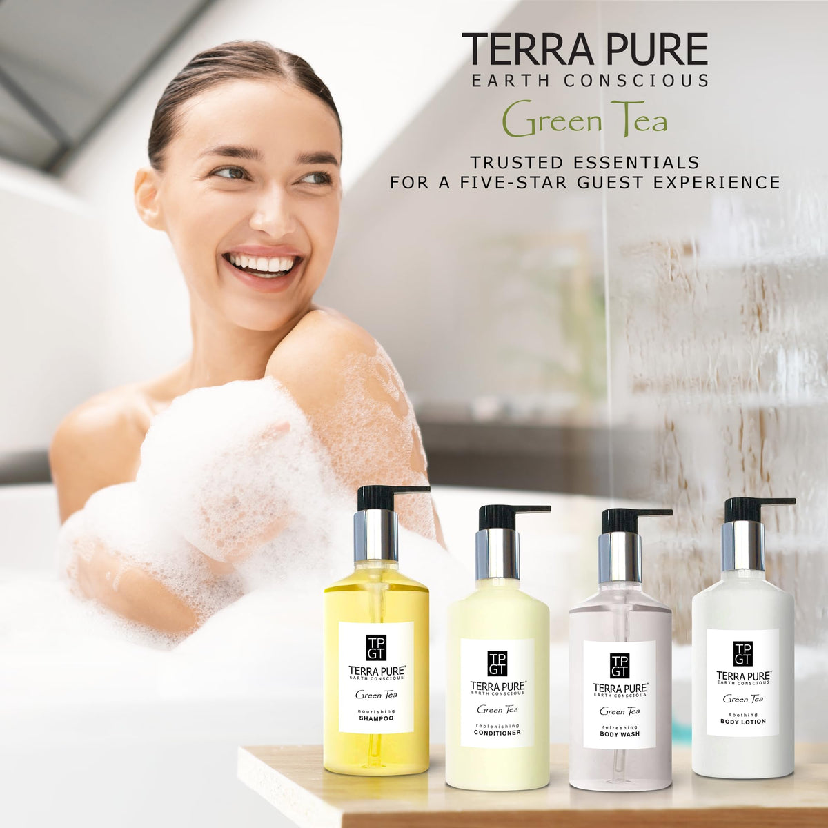 Terra Pure amenities styled in a hotel bathroom conveying elevated guest experience