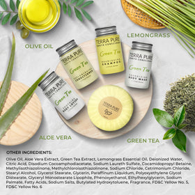 Terra Pure body wash pouring to show texture and gentle green tea fragrance
