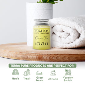 Terra Pure bottle closeup label highlighting scent and paraben free benefit