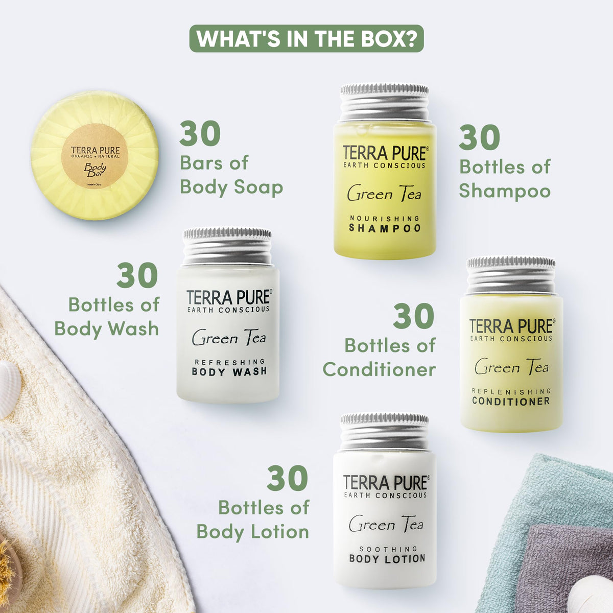 Terra Pure bottle label detail showing ingredients like aloe and olive oil benefits