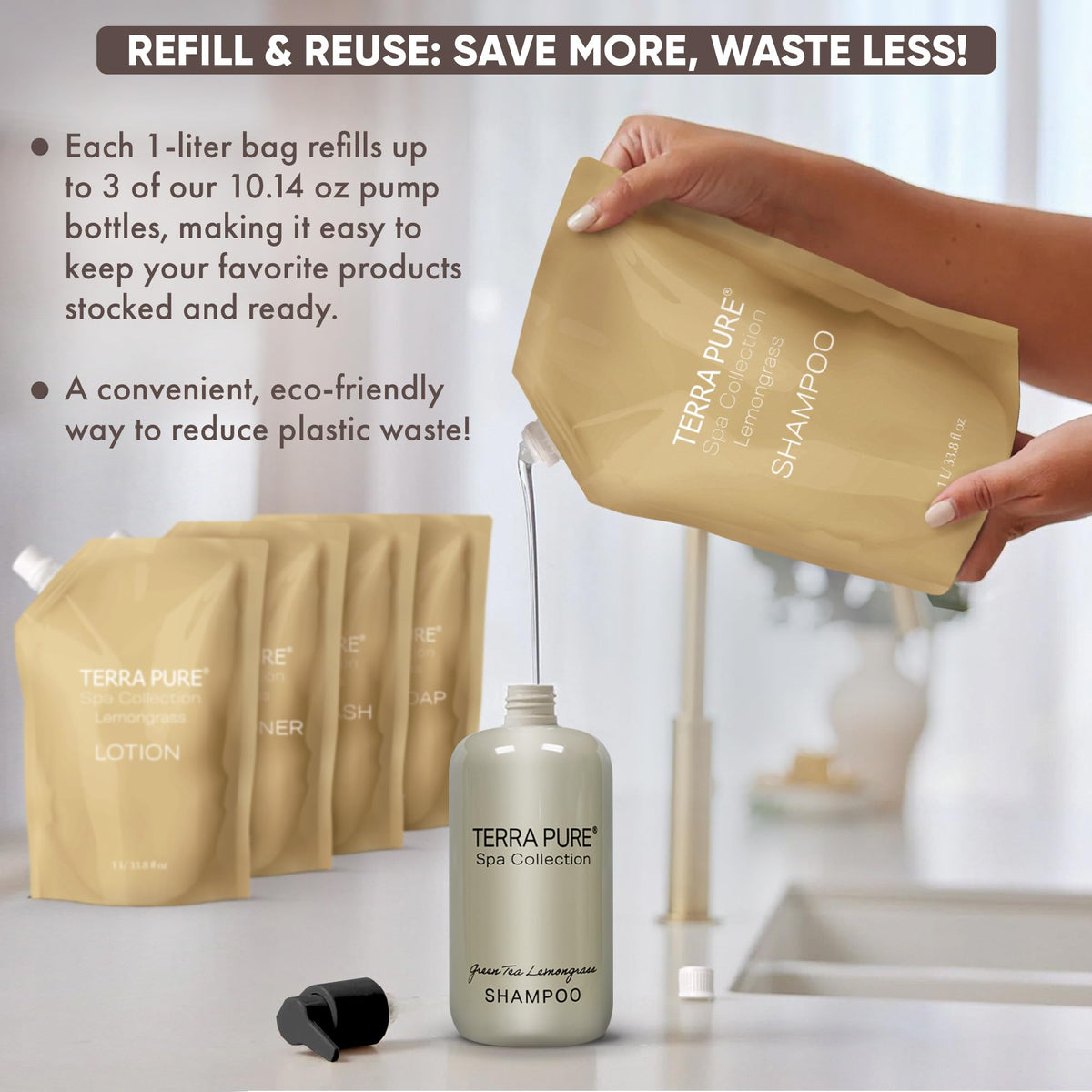 Terra Pure pouring conditioner into wall dispenser for fast maintenance benefit