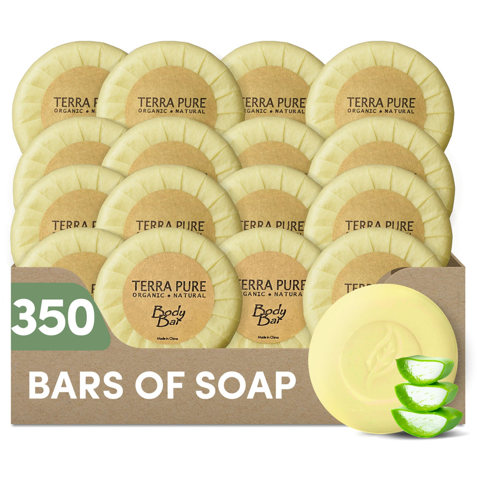 Terra Pure front packaging of green tea soap showing clean hospitality presentation and bulk value
