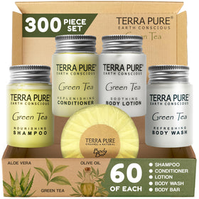 Terra Pure front packaging displaying full 300-piece amenity set and professional look