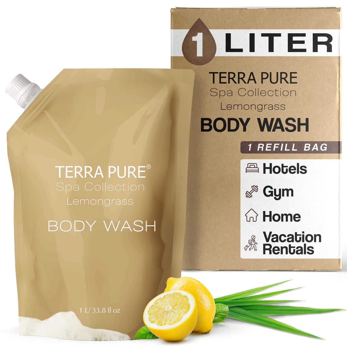 Terra Pure front packaging showing 1L refill bag and branding benefits
