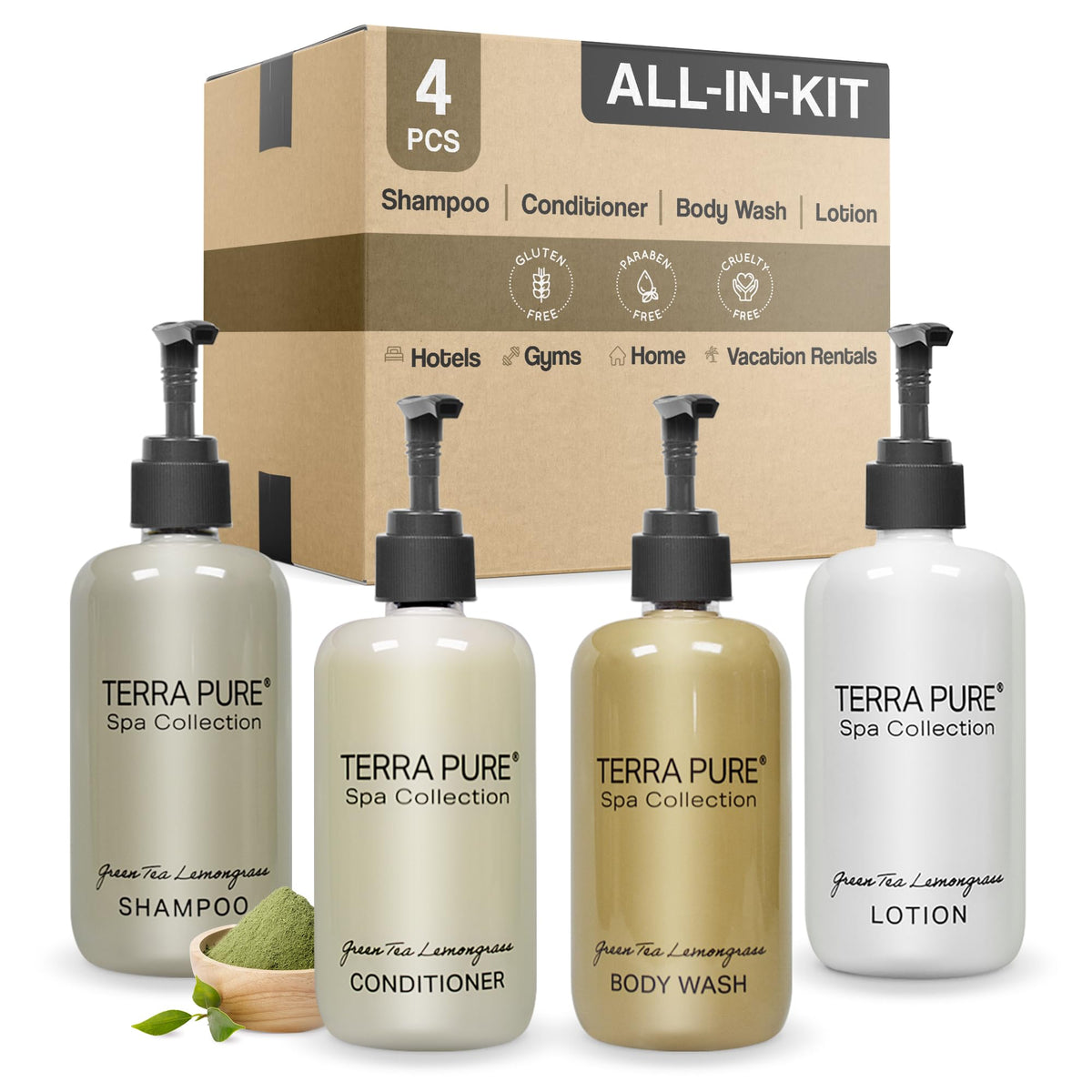 Terra Pure front packaging showing four 10.14oz pump bottles and benefits