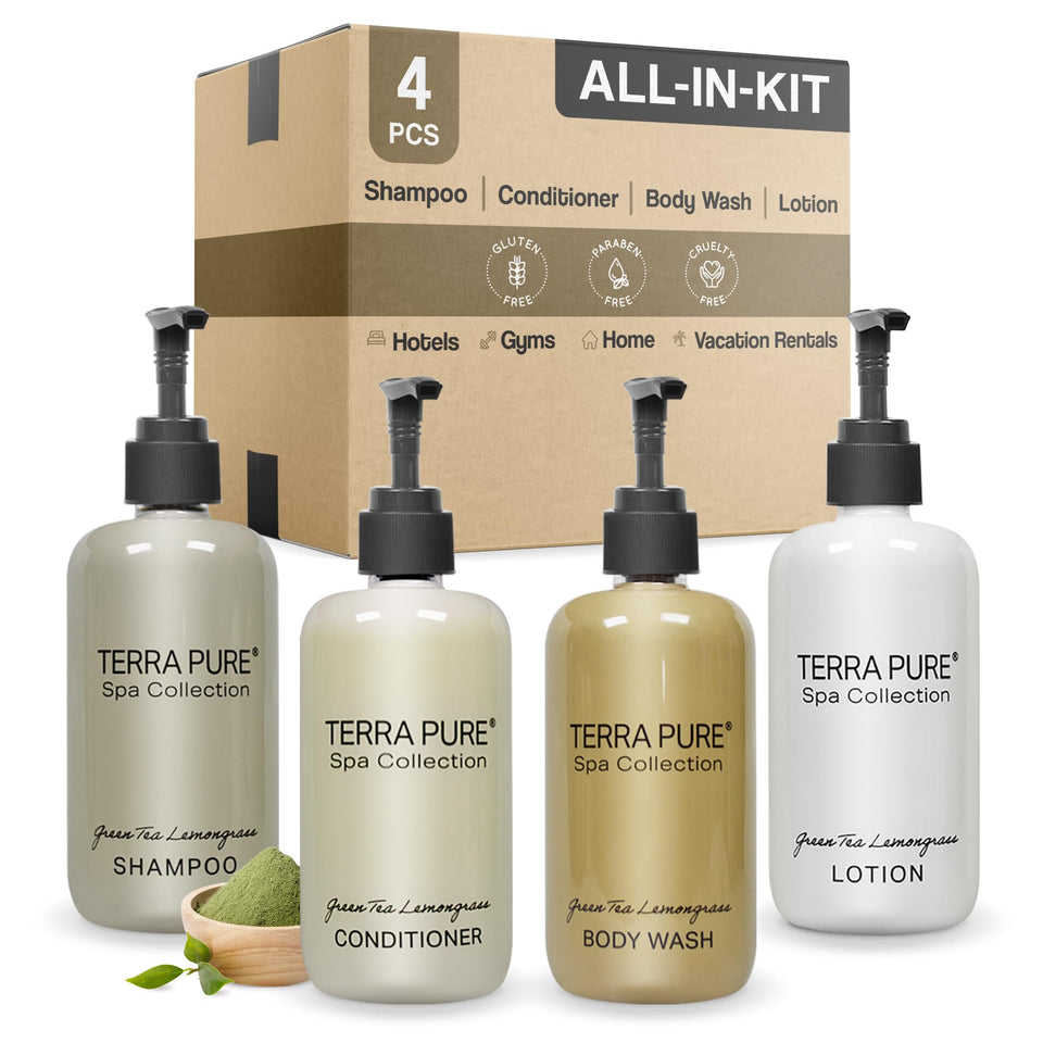 Terra Pure front packaging showing four 10.14oz pump bottles and benefits