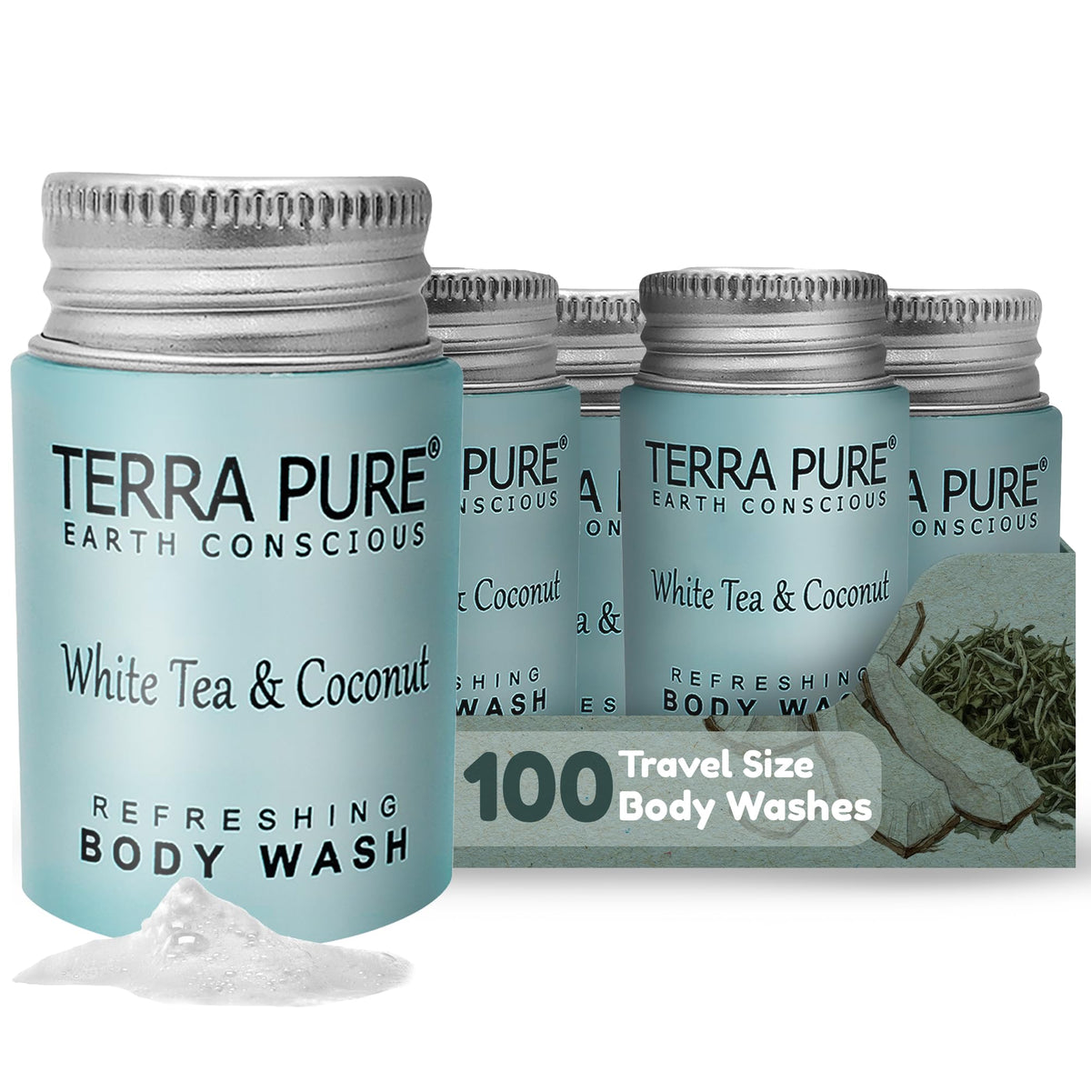 Terra Pure front packaging showing 100 travel-size bottles for efficient restocking