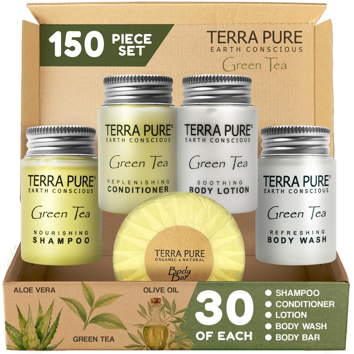 Terra Pure front packaging showing full 150-piece amenity set and neat presentation