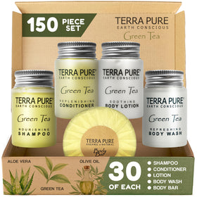 Terra Pure front packaging showing full 150-piece amenity set and neat presentation