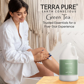 Terra Pure bottle styled in bathroom creating upscale guest impression benefit