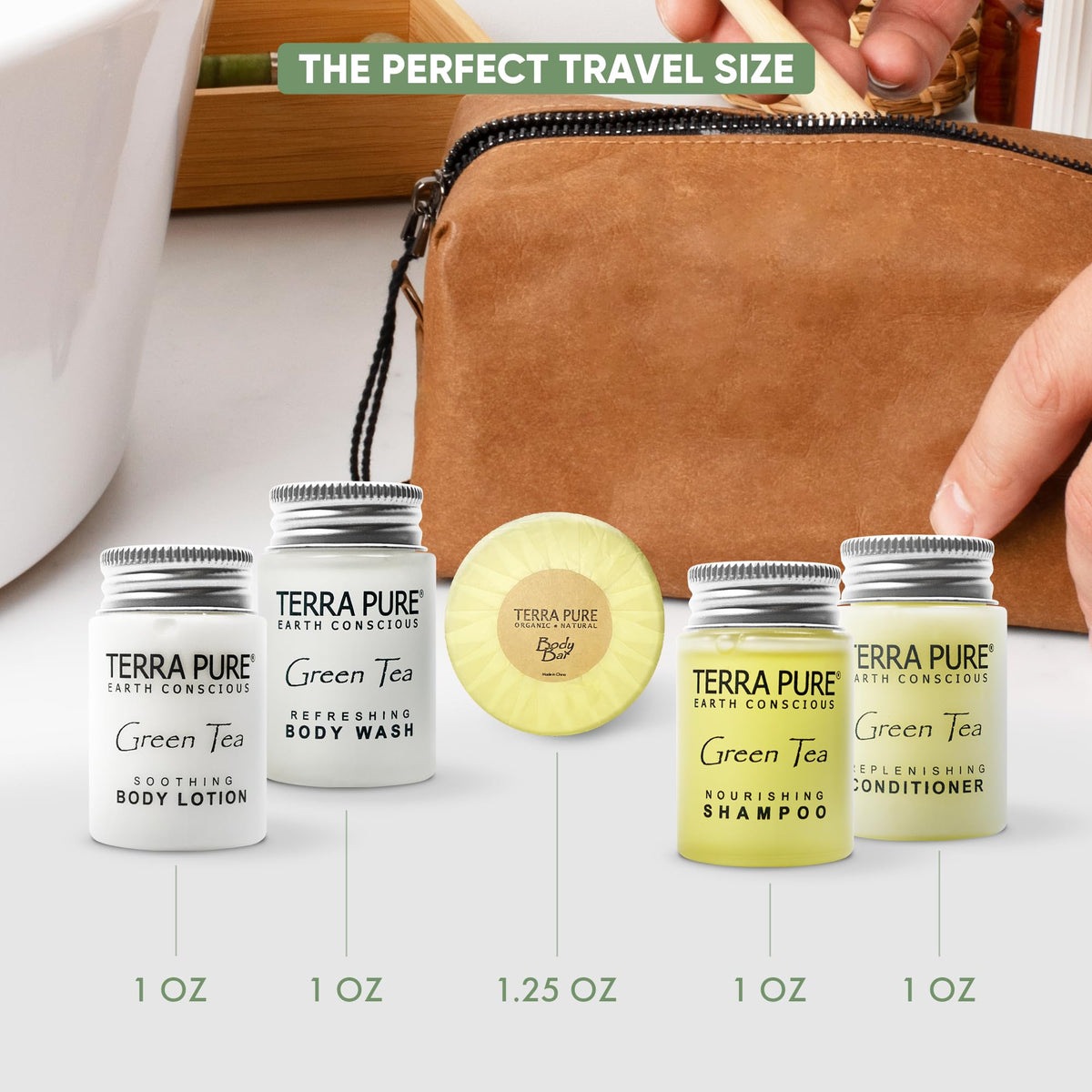 Terra Pure lotion bottle top view illustrating controlled dispensing and soft-skin benefit