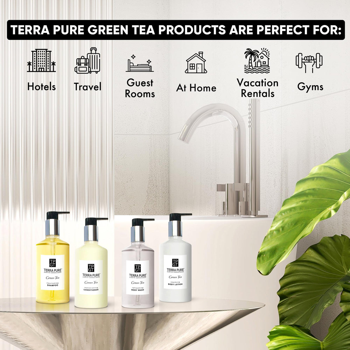 Terra Pure shampoo pump close-up highlighting easy-use dispenser and neat refillability
