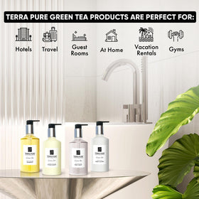 Terra Pure shampoo pump close-up highlighting easy-use dispenser and neat refillability